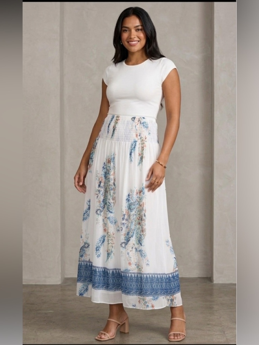 Jill Cream Paisley Smocked Waist Maxi Skirt Size L Boho Flowy Summer Festival